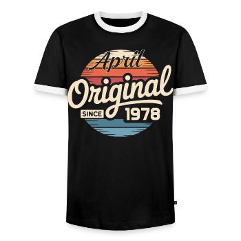 Born in april 1978 - 48th birthday april 1978 - Men's Ringer Shirt - black/white - Front - AI Model Female 172 light (172cm) & AI Model Male 178 light (178cm)