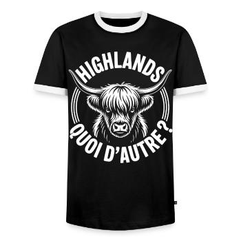 Vache Highland Écossaise – Highland Cow - T-shirt contrasté Homme - noir/blanc - Devant - AI Model Female 172 light (172cm) & AI Model Male 178 light (178cm)