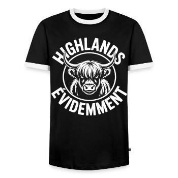 Schottische Highland-Kuh – Highland-Kuh - Männer Kontrast-T-Shirt - Schwarz/Weiß - Vorne - AI Model Female 172 light (172cm) & AI Model Male 178 light (178cm)