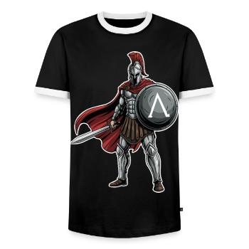 Hoplite Spartan Lambda Shield Sword Mascot - Men's Ringer Shirt - black/white - Front - AI Model Female 172 light (172cm) & AI Model Male 178 light (178cm)