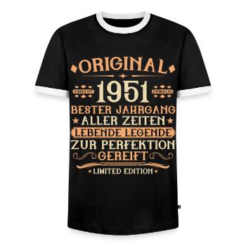 1951 Geboren Lebende Legende 75. Geburtstag - Männer Kontrast-T-Shirt - Schwarz/Weiß - Vorne - AI Model Female 172 light (172cm) & AI Model Male 178 light (178cm)