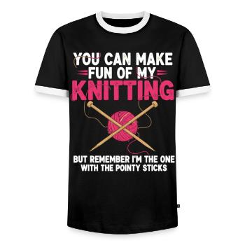 You Can Make Fun Of My Knitting – Stricken Humor - Men's Ringer Shirt - black/white - Front - AI Model Female 172 light (172cm) & AI Model Male 178 light (178cm)