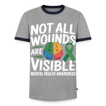 Not All Wounds Are Visible – Mental Health - Men's Ringer Shirt - grey/navy  - Front - AI Model Female 172 light (172cm) & AI Model Male 178 light (178cm)