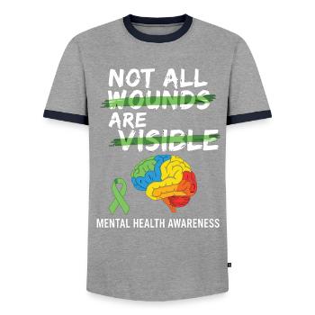 Not All Wounds Are Visible – Mental Health - Men's Ringer Shirt - grey/navy  - Front - AI Model Female 172 light (172cm) & AI Model Male 178 light (178cm)