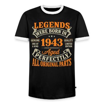 Légendes nées en 1943 – Âgé Parfait - T-shirt contrasté Homme - noir/blanc - Devant - AI Model Female 172 light (172cm) & AI Model Male 178 light (178cm)