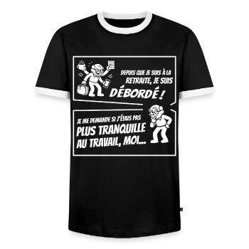 Retraité Surbooké (texte blanc) - T-shirt contrasté Homme - noir/blanc - Devant - AI Model Female 172 light (172cm) & AI Model Male 178 light (178cm)