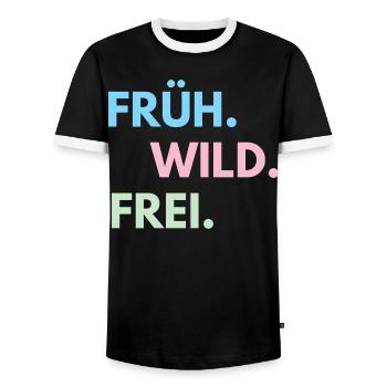 Früh Wild Frei – Frühlingsfest Festival Outfit - Männer Kontrast-T-Shirt - Schwarz/Weiß - Vorne - AI Model Female 172 light (172cm) & AI Model Male 178 light (178cm)