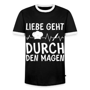 Kochen LIEBE GEHT DURCH DEN MAGEN Lustiges - Männer Kontrast-T-Shirt - Schwarz/Weiß - Vorne - AI Model Female 172 light (172cm) & AI Model Male 178 light (178cm)