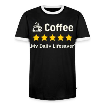Coffee 5 stars – My daily lifesaver - Men's Ringer Shirt - black/white - Front - AI Model Female 172 light (172cm) & AI Model Male 178 light (178cm)