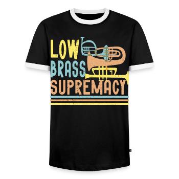 Marching Band Brass Band Low Brass Supremacy - Men's Ringer Shirt - black/white - Front - AI Model Female 172 light (172cm) & AI Model Male 178 light (178cm)