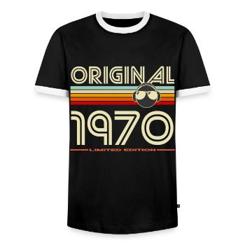 Original 1970 Retro Limited Edition - Men's Ringer Shirt - black/white - Front - AI Model Female 172 light (172cm) & AI Model Male 178 light (178cm)