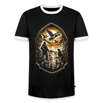 duck shooting - Men's Ringer Shirt - black/white - Front - AI Model Female 172 light (172cm) & AI Model Male 178 light (178cm)