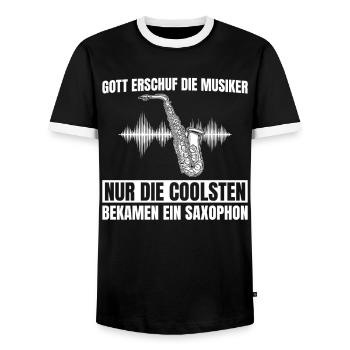 Saxophonist Coole Musiker spielen Saxophon - Männer Kontrast-T-Shirt - Schwarz/Weiß - Vorne - AI Model Female 172 light (172cm) & AI Model Male 178 light (178cm)