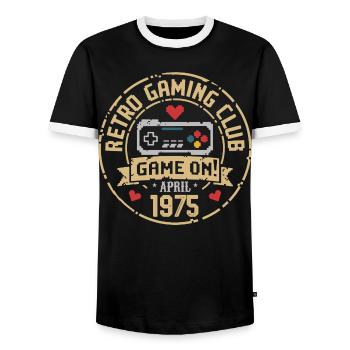 April 1975 Anniversary April 1975 Retro - Men's Ringer Shirt - black/white - Front - AI Model Female 172 light (172cm) & AI Model Male 178 light (178cm)