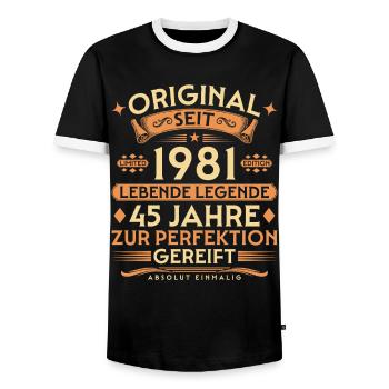 Original seit 1981 – Lebende Legende 45 Jahre - Männer Kontrast-T-Shirt - Schwarz/Weiß - Vorne - AI Model Female 172 light (172cm) & AI Model Male 178 light (178cm)