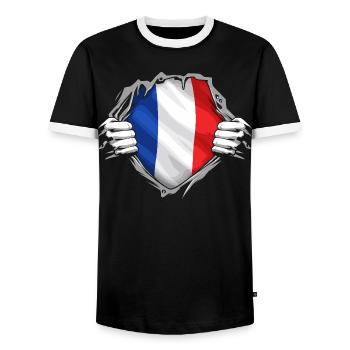 Französische Flagge zerrissen, patriotischer Stil Frankreichs - Männer Kontrast-T-Shirt - Schwarz/Weiß - Vorne - AI Model Female 172 light (172cm) & AI Model Male 178 light (178cm)