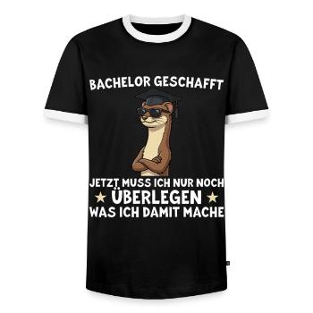 Bachelor geschafft – Lustiges Absolventen Geschenk - Männer Kontrast-T-Shirt - Schwarz/Weiß - Vorne - AI Model Female 172 light (172cm) & AI Model Male 178 light (178cm)