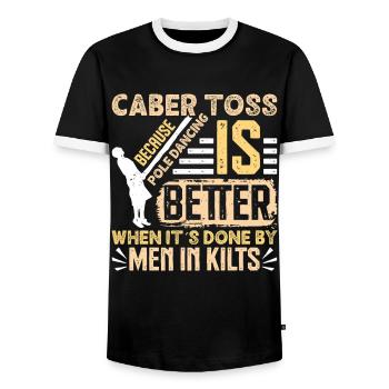  Caber Toss Pole Dancing Scottish Highland - Men's Ringer Shirt - black/white - Front - AI Model Female 172 light (172cm) & AI Model Male 178 light (178cm)
