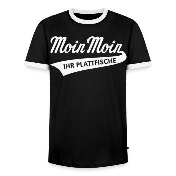 Moin Moin – Ihr Plattfische (Plattdeutsch / White) - Männer Kontrast-T-Shirt - Schwarz/Weiß - Vorne - AI Model Female 172 light (172cm) & AI Model Male 178 light (178cm)