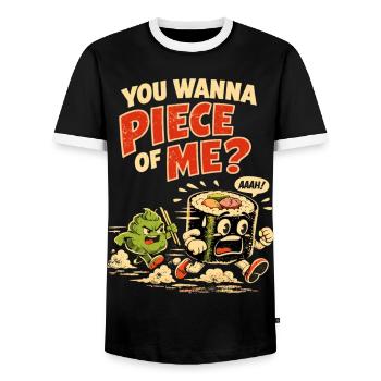 Wasabi Hunt: Retro Sushi Saying – Piece of Me? - Men's Ringer Shirt - black/white - Front - AI Model Female 172 light (172cm) & AI Model Male 178 light (178cm)