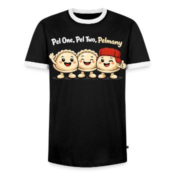 Pel One, Pel Two, Pelmany – Pelmeni Friends - Men's Ringer Shirt - black/white - Front - AI Model Female 172 light (172cm) & AI Model Male 178 light (178cm)