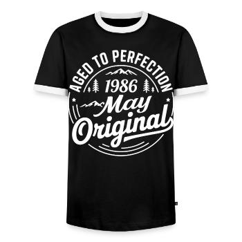 May 1986 – Legend of the Peaks and Mountains - Men's Ringer Shirt - black/white - Front - AI Model Female 172 light (172cm) & AI Model Male 178 light (178cm)