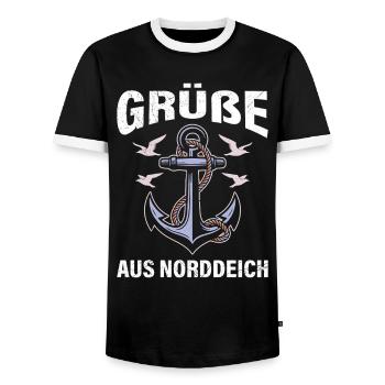 Nordsee Urlaub GRÜSSE AUS NORDDEICH Lustiges - Männer Kontrast-T-Shirt - Schwarz/Weiß - Vorne - AI Model Female 172 light (172cm) & AI Model Male 178 light (178cm)