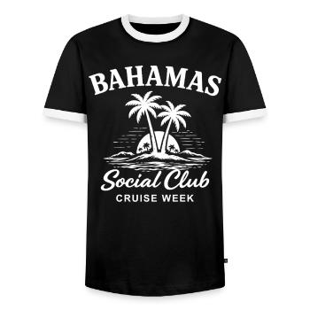Bahamas Social Club Cruise Week - Men's Ringer Shirt - black/white - Front - AI Model Female 172 light (172cm) & AI Model Male 178 light (178cm)