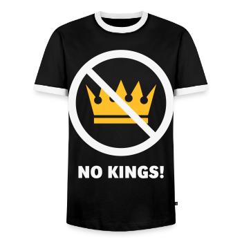 No Kings! (Protest Design / NEG 2C) - Men's Ringer Shirt - black/white - Front - AI Model Female 172 light (172cm) & AI Model Male 178 light (178cm)