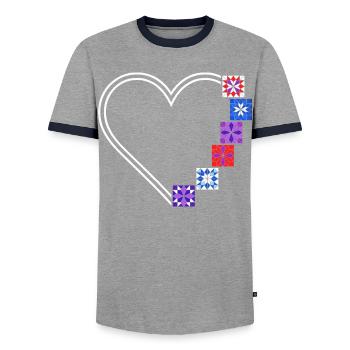 Quilt-Leidenschaft | Herzen und Flickwerkblöcke - Männer Kontrast-T-Shirt - Grau/Navy  - Vorne - AI Model Female 172 light (172cm) & AI Model Male 178 light (178cm)