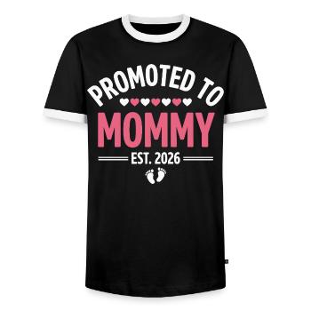 Promue maman 2026 Design de grossesse - T-shirt contrasté Homme - noir/blanc - Devant - AI Model Female 172 light (172cm) & AI Model Male 178 light (178cm)