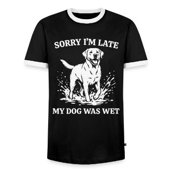 Sorry I’m Late My Dog Was Wet Funny Dog Shirt - T-shirt contrasté Homme - noir/blanc - Devant - AI Model Female 172 light (172cm) & AI Model Male 178 light (178cm)