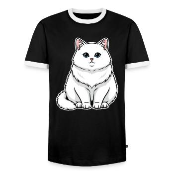 White Cat Fluffy Blue Eyes Majestic Portrait - Men's Ringer Shirt - black/white - Front - AI Model Female 172 light (172cm) & AI Model Male 178 light (178cm)