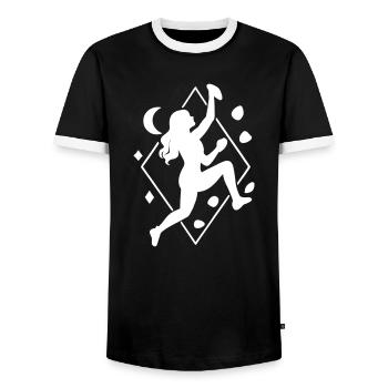 Boho Bouldering Woman: Geometric Climbing Silhouette - Men's Ringer Shirt - black/white - Front - AI Model Female 172 light (172cm) & AI Model Male 178 light (178cm)