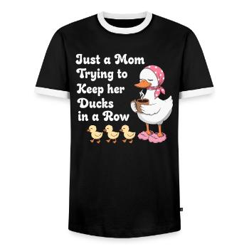 Mama versucht ihre Enten in Reihe zu halten - Männer Kontrast-T-Shirt - Schwarz/Weiß - Vorne - AI Model Female 172 light (172cm) & AI Model Male 178 light (178cm)