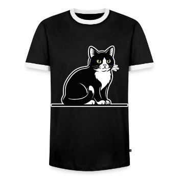 Tuxedo Cat Black and White Portrait Elegant Seated - Men's Ringer Shirt - black/white - Front - AI Model Female 172 light (172cm) & AI Model Male 178 light (178cm)