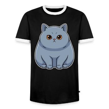 Blue Shorthair British Cat Cute Round Portrait - Men's Ringer Shirt - black/white - Front - AI Model Female 172 light (172cm) & AI Model Male 178 light (178cm)