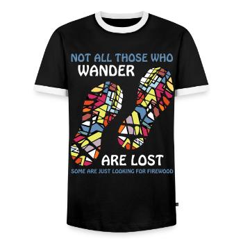 Not All Who Wander – Feuerholz Fun - Männer Kontrast-T-Shirt - Schwarz/Weiß - Vorne - AI Model Female 172 light (172cm) & AI Model Male 178 light (178cm)
