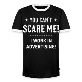 You Can't Scare Me! I Work In Advertising! (White) - Men's Ringer Shirt - black/white - Front - AI Model Female 172 light (172cm) & AI Model Male 178 light (178cm)