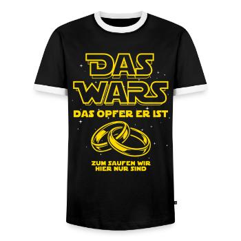 JGA Das Wars. Das Opfer er ist - Bier saufen - Männer Kontrast-T-Shirt - Schwarz/Weiß - Vorne - AI Model Female 172 light (172cm) & AI Model Male 178 light (178cm)