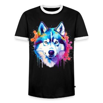 Colorful Husky Dog Splash Art - Men's Ringer Shirt - black/white - Front - AI Model Female 172 light (172cm) & AI Model Male 178 light (178cm)