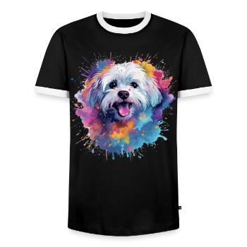 Colorful Maltese Splash Art Dog - Men's Ringer Shirt - black/white - Front - AI Model Female 172 light (172cm) & AI Model Male 178 light (178cm)