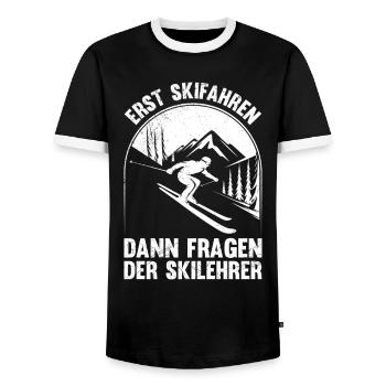 Skifahren ERST SKIFAHREN DANN FRAGEN DER SKILEHRER - Männer Kontrast-T-Shirt - Schwarz/Weiß - Vorne - AI Model Female 172 light (172cm) & AI Model Male 178 light (178cm)