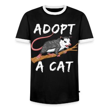 Funny Opossum T-Shirt - Misidentified Adopt a Cat  - Men's Ringer Shirt - black/white - Front - AI Model Female 172 light (172cm) & AI Model Male 178 light (178cm)