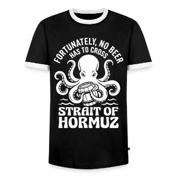 Fortunately No Beer Strait of Hormuz Humor - Men's Ringer Shirt - black/white - Front - AI Model Female 172 light (172cm) & AI Model Male 178 light (178cm)