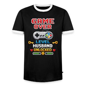 Game Over - Level Husband Unlocked | 8-Bit  - Männer Kontrast-T-Shirt - Schwarz/Weiß - Vorne - AI Model Female 172 light (172cm) & AI Model Male 178 light (178cm)