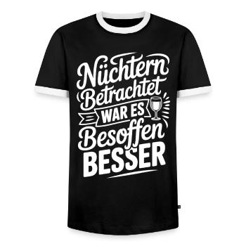 Nüchtern betrachtet war es besoffen besser Spruch - Männer Kontrast-T-Shirt - Schwarz/Weiß - Vorne - AI Model Female 172 light (172cm) & AI Model Male 178 light (178cm)
