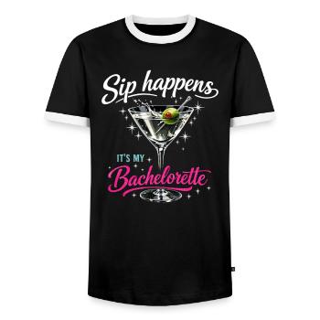 Enterrement de vie de jeune fille Verre Martini – Sip Happens Bachelorette - T-shirt contrasté Homme - noir/blanc - Devant - AI Model Female 172 light (172cm) & AI Model Male 178 light (178cm)
