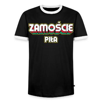 Zamość Piła. Name des Retro-Bezirks - Männer Kontrast-T-Shirt - Schwarz/Weiß - Vorne - AI Model Female 172 light (172cm) & AI Model Male 178 light (178cm)