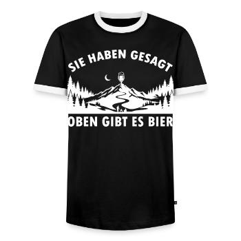 Sie haben gesagt oben gibt es Bier auf dem Berg - Männer Kontrast-T-Shirt - Schwarz/Weiß - Vorne - AI Model Female 172 light (172cm) & AI Model Male 178 light (178cm)